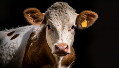 sad farm cow close up portrait on black background