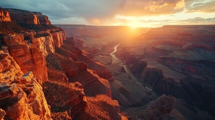 Natural wonder, aerial drone shot, setting sun, panoramic canyon views, highly detailed Grand Canyon sunset Generative AI