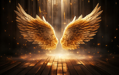 Majestic golden angel wings spread wide open in a wooden room with ethereal light and sparkling dust, symbolizing freedom, spirituality, and guidance - obrazy, fototapety, plakaty