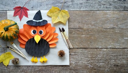 create children s art with diy pumpkin turkey for thanksgiving day with copyspace for text