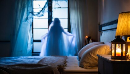 blurred ghost silhouette in bedroom window at night horror scene on halloween