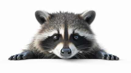 A stunning 3D rendering of a sly and mischievous raccoon, portrayed in remarkable detail. Set against a pristine white background, this artwork showcases the raccoon's playful and cunning na