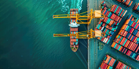 An aerial view shows the complex structure of a seaport with neatly stacked colorful containers, massive cranes and a loading cargo ship	
