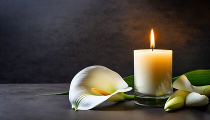 burning candle and white calla lily on dark background with copy space sympathy card