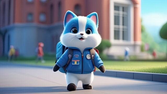 a cute cartoon animal with backpack and school building background. Preschool and school education concept. Generative AI