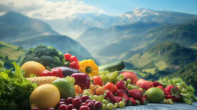 Fresh fruits and vegetables harvest scene illustration, agricultural crop products harvest background image