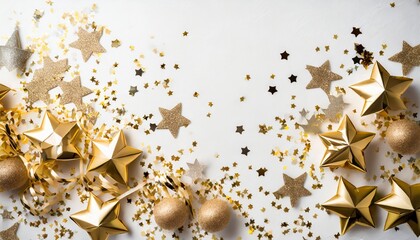 happy new year or birthday festive composition golden confetti and glittering stars on white table background celebration party concept flat lay top view empty copy space
