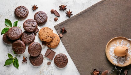flat lay composition with chocolate cookies and space for text on light background