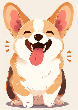 Illustration of a happy corgi dog on solid color background, dog happy expression scene illustration