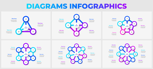 Slides with cycle infographics elements for business presentation. Concept with 3, 4, 5, 6, 7 and 8 options, parts or steps