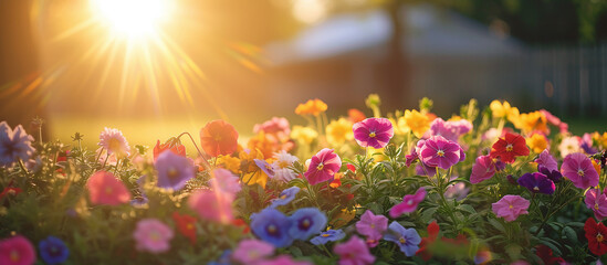 beautiful flowerbed of home flowers in the garden against the background of the house - obrazy, fototapety, plakaty