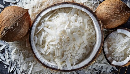 detail of dried shaved coconut flakes from above
