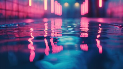 Transparent neon lights glow on retro futuristic water reflection at night.