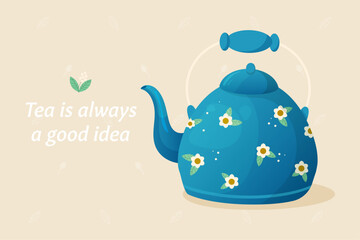 Blue ceramic teapot for tea with flowers. Vector illustration