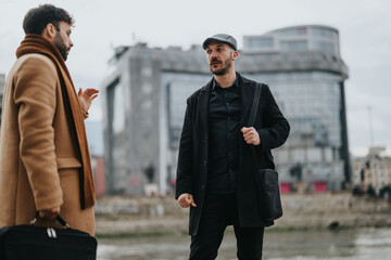 Professional male colleagues engaged in a discussion outdoors with city architecture in the backdrop, demonstrating a casual business meeting.