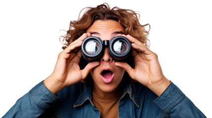 Surprised guy looking through binoculars, cut out