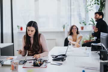 Focused woman working at desk in busy office while colleagues laugh in background, depicting concentration amidst distraction.