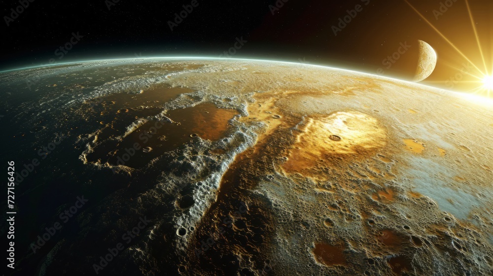 Poster Photo concept of Pluto, highlighting its varied terrains and surface features from a dynamic angle Generative AI
