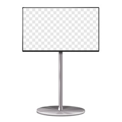 Trade show pop video TV stand front view vector mock-up. Tradeshow exhibition LCD monitor display mockup. Television set on metal frame base. Template for design