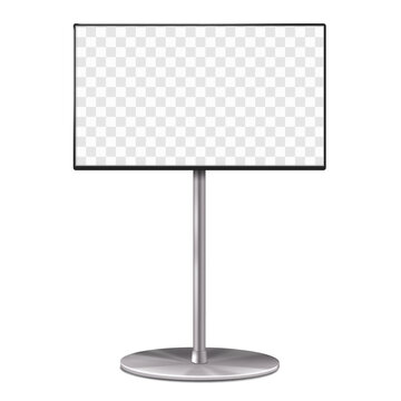 Trade show pop video TV stand front view vector mock-up. Tradeshow exhibition LCD monitor display mockup. Television set on metal frame base. Template for design