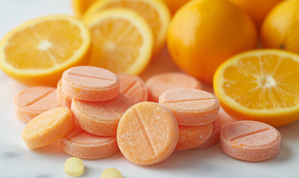 Vitamin C tablets extracted from citrus fruits on white background.