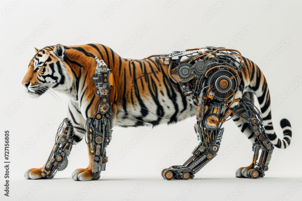 Aufkleber Realistic image of a tiger integrated with robotic components, exhibiting technological modifications against a plain white backdrop Generative AI