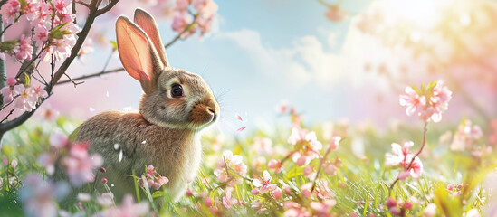 Easter Bunny on a spring blooming field.