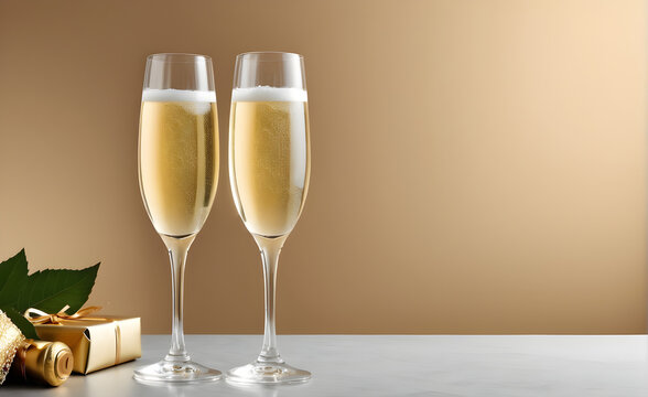 Champagne template, simple background, copy space. Generative AI