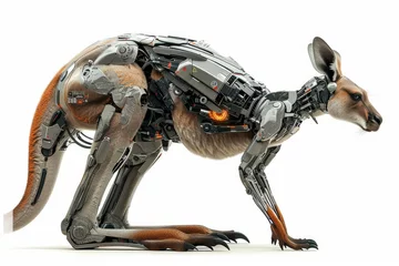 Fotobehang Realistic portrayal of a kangaroo integrated with robotic enhancements and cybernetic features, depicted against a solid white background Generative AI © vadosloginov