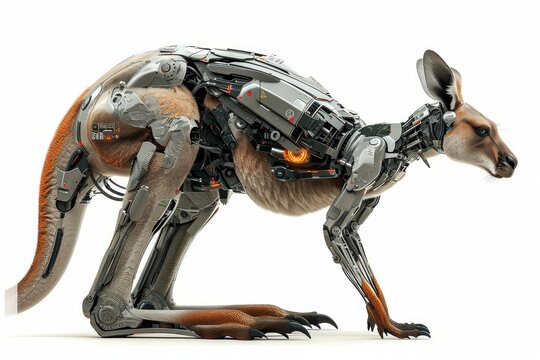 Realistic portrayal of a kangaroo integrated with robotic enhancements and cybernetic features, depicted against a solid white background Generative AI