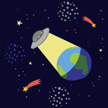 Aliens illuminate planete Earth. Vector illustration.