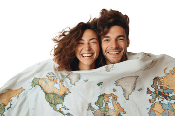 Joyful couple wrapped in a map sheet, smiling brightly against transparent background