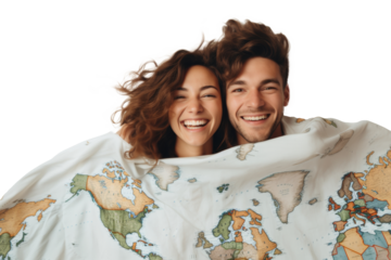 Joyful couple wrapped in a map sheet, smiling brightly against transparent background