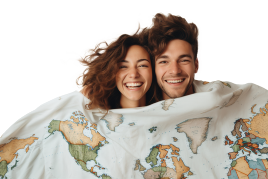 Joyful couple wrapped in a map sheet, smiling brightly against transparent background - Powered by Adobe