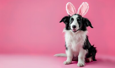 realistic background of a cute border collie wears bunny ears
