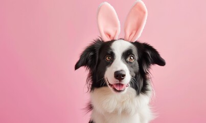 realistic background of a cute border collie wears bunny ears - obrazy, fototapety, plakaty