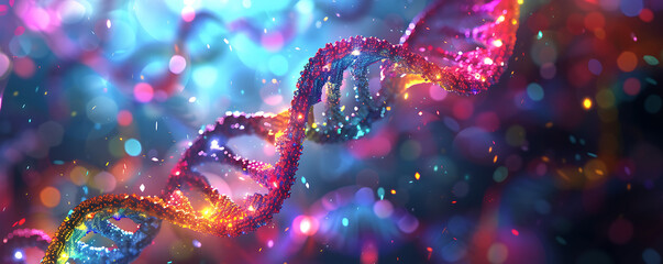 Abstract neon DNA strands intertwining in a psychedelic display of vibrant colors. - obrazy, fototapety, plakaty