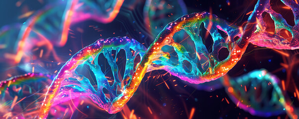 Abstract neon DNA strands intertwining in a psychedelic display of vibrant colors. - obrazy, fototapety, plakaty