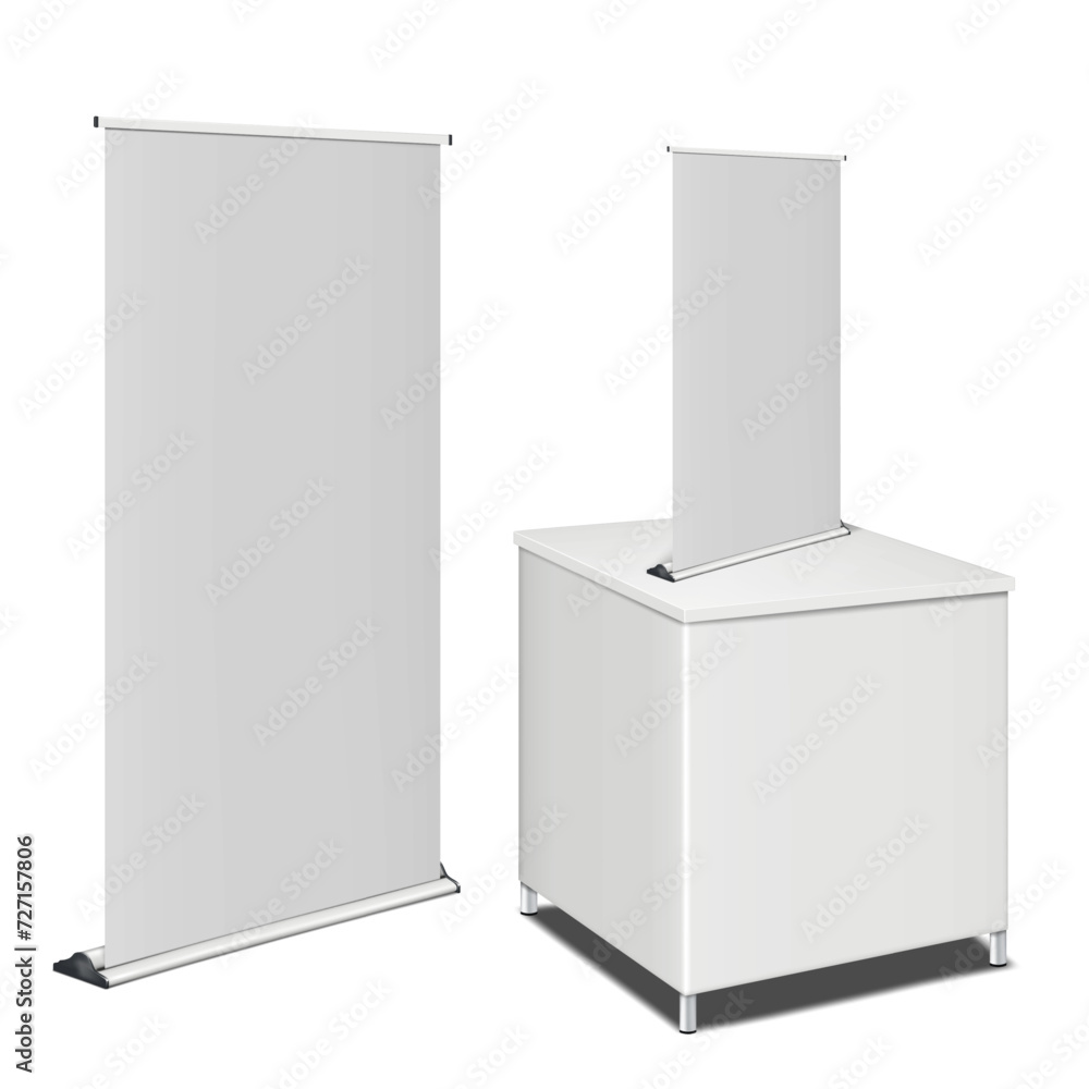 Wall mural white tradeshow table counter, floor and countertop blank roll-up retractable banner stands. trade s