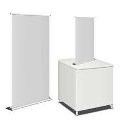 White tradeshow table counter, floor and countertop blank roll-up retractable banner stands. Trade show promotional set. Pop-up rollup display standee kit. Template for design
