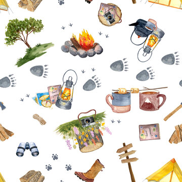 Watercolor adventure camping seamless multidirectional pattern isolated on white