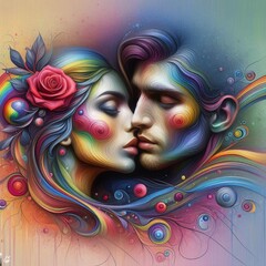 Abstract image of a couple in love, consisting of rainbow shades of paints