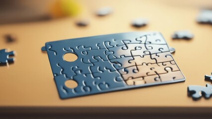 Small abstract puzzle is assembled on the table.