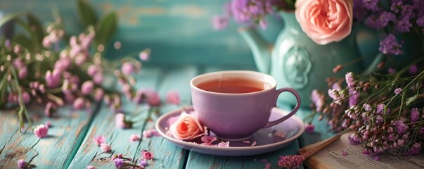 Obraz na płótnie Canvas Cup of hot tea and wild flowers