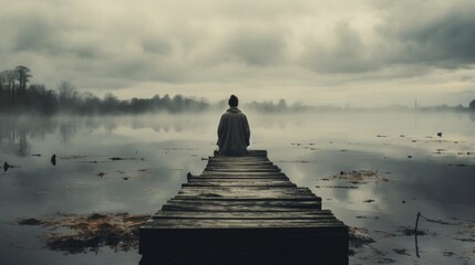 Solitary figure positioned on a misty and somber dock. Moody mist, solitary ambiance, isolated person Generative AI - obrazy, fototapety, plakaty