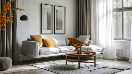 Modern living room with large paintings nordic style decoration There is minimalist style furniture.