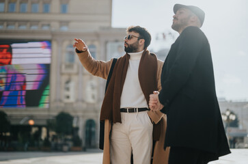 Two fashionable male businessmen engaged in a discussion while working together outside in a cityscape, exemplifying teamwork and professionalism.