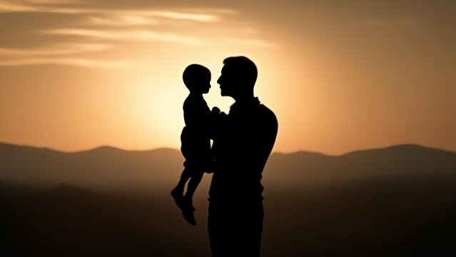 Silhouette of a father holding a child in his arms.
