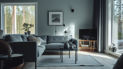 Fototapeta premium Modern living room with large paintings nordic style decoration There is minimalist style furniture.