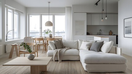 Fototapeta premium Modern living room with large paintings nordic style decoration There is minimalist style furniture.